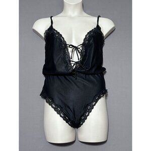 Barbizon Vintage Lingerie Bodysuit Women’s Medium Black Nylon Tie Front